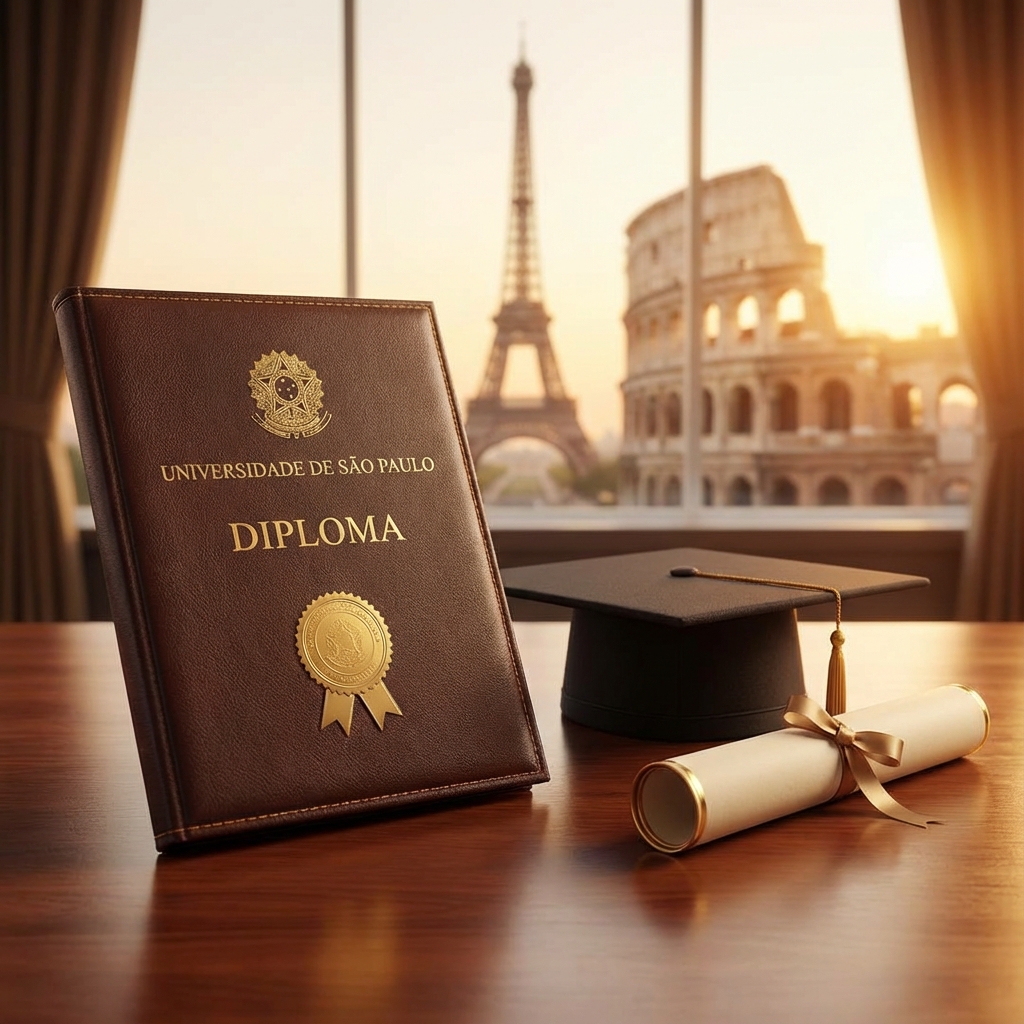 Diploma brasileiro com símbolos europeus